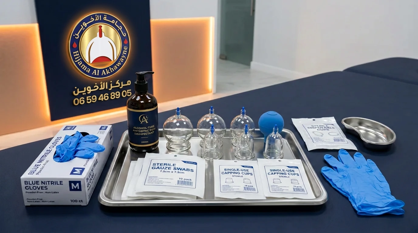 أدوات الحجامة والمواد المعقمة مرتبة بعناية